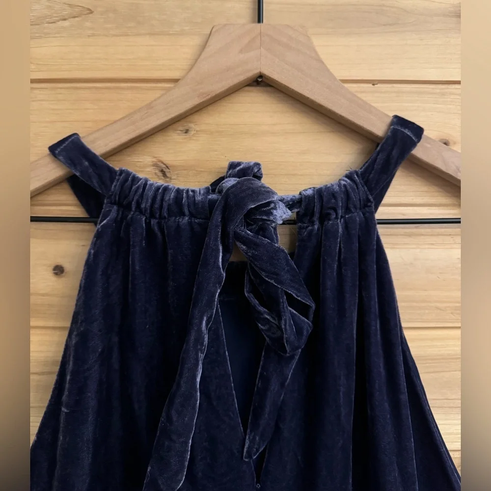 Loft XL Indigo Crushed Velvet Halter Relaxed Jumpsuit Pockets Fall Velour Party